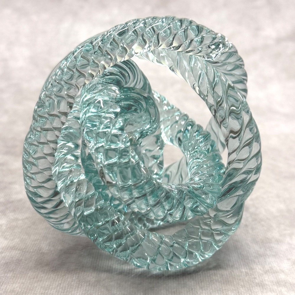 Art Glass Infinity Knot Sculpture AquaTeal Iridescent Abstract Decor Paperweight